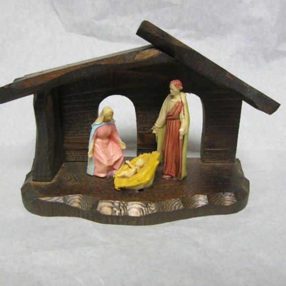 VTG 70'S SMALL WOOD & PLASTIC NATIVITY SCENE, SOLID WOOD CRECHE - Picture 1 of 7
